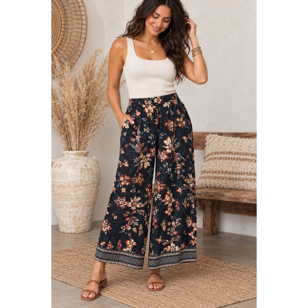 Natura Floral Wide Leg Pants Navy Blue Viscose Boho Resort Coastal Artsy XL